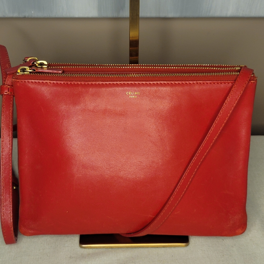 Celine Red Leather Tri-Pouch Crossbody Clutch Bag With Gold Hardware